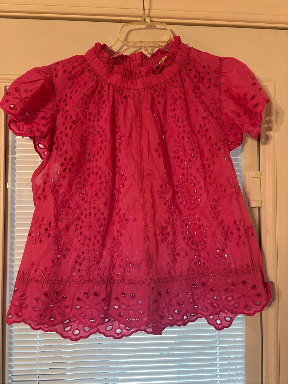 Women’s Eyelet Ruffle Neck Short Sleeve Top - Pink